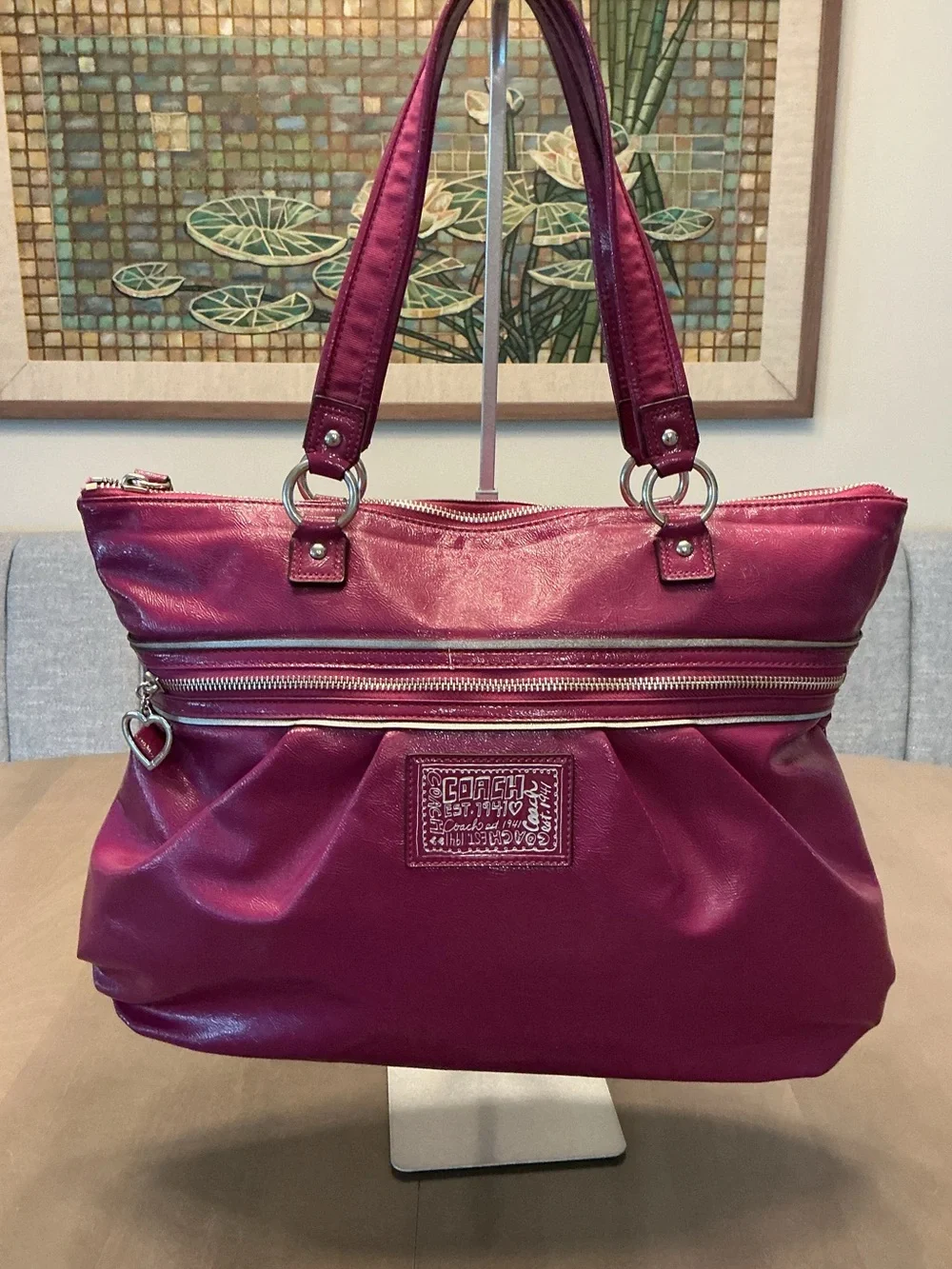 Coach Magenta Leather Tote Bag with Dual Zipper Pockets EUC